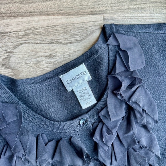 Chico’s Black Ruffle Front Button Elbow Length Sleeves Cardigan – Size 0 (S) - Picture 3 of 7